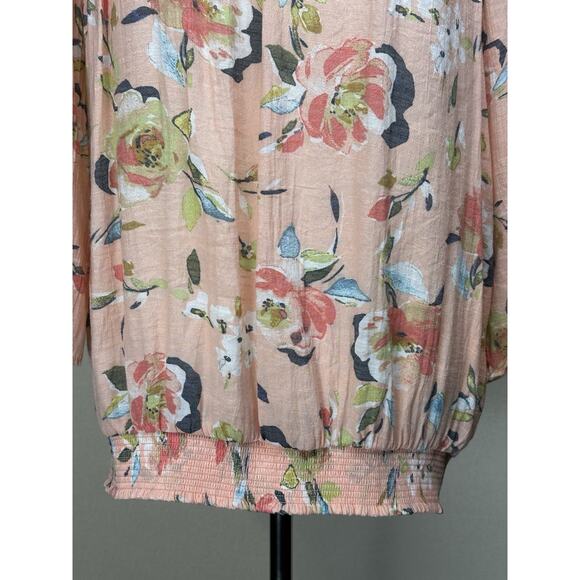 Hope & Harlow Women’s Size XL Peach Floral Top Gathered Neck Elastic Waist - Picture 3 of 13